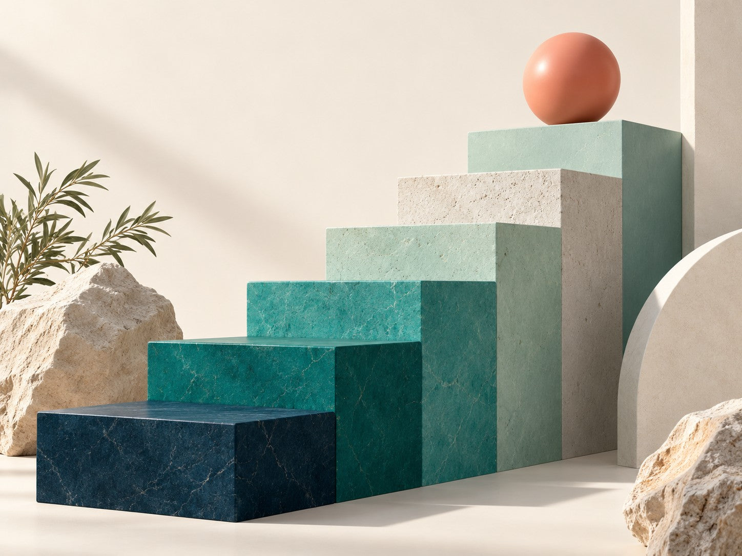 Ascending turquoise steps and a coral sphere, representing a considered path to growth